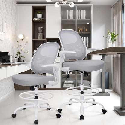 HYLONE Tall Drafting Chair Standing Desk Chair with Flip-Up Armrests, Adjustable Height Ergonomic Office Chair with Footrest Ring - High Stool Chair for Standing Desk (Light Grey)