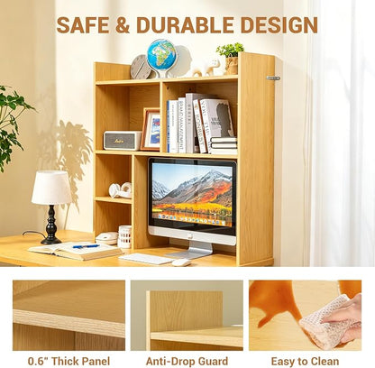 deli Desktop Shelf, Desk Hutch with 5 Shelves for Computer Desk, Desktop 3-Tier Display Rack, Multipurpose Wood Desktop Bookshelf Storage Organizer for Dorm Office Home, Natural