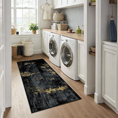 RELEANY Washable Area Rugs 3x6 Non-Slip Modern Abstract Soft for Living Room Entryway Bedroom Kitchen, Print Pattern, Dark Black Gold