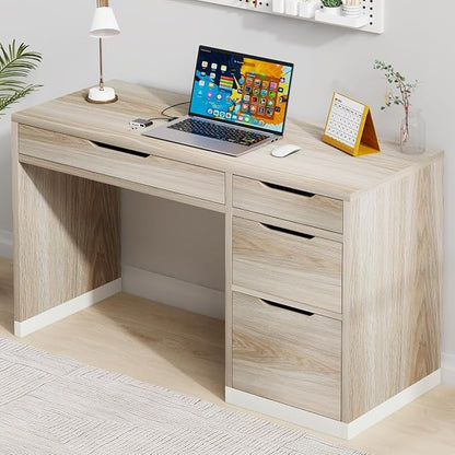 MaverickFurni 52 Inch Desk with 4 Drawers, Computer Desk with Storage File Drawer for Bedroom, Small Office Desk with Storage for Small Space, Light Walnut