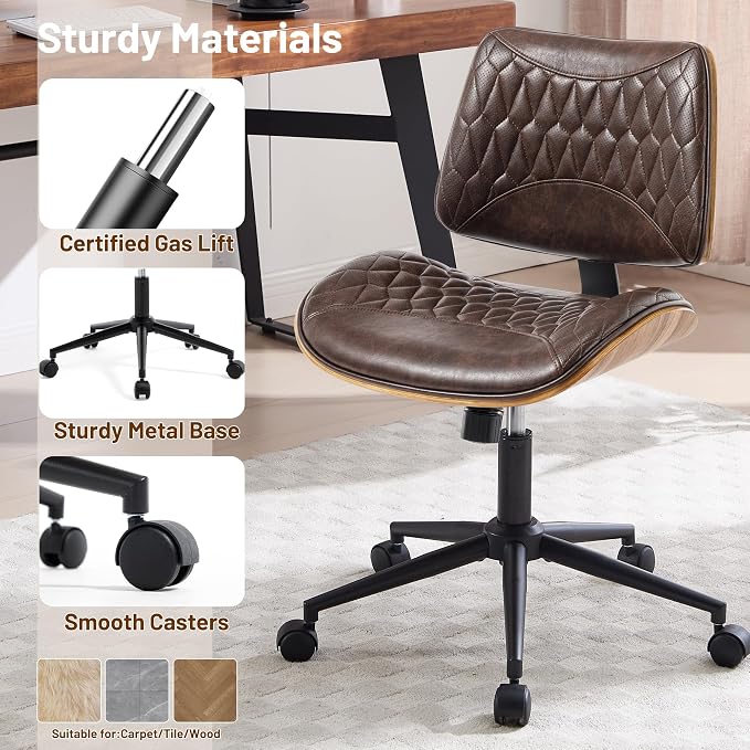 Walnut Bentwood Mid Back Armless Office Chair 1 Pack, Adjustable Height PU Leather Swivel Desk Chair with Wheels, Rolling Computer Task Chair for Home Office, Study, Meeting Room