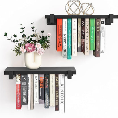 NANATI 2 Set of Floating Bookshelf, Pine Wood Invisible Bookshelf, Hanging Bookshelves for Wall, Unique Space Saving Wall Bookcase, New Black (16.5L×8.7W×1.5H)