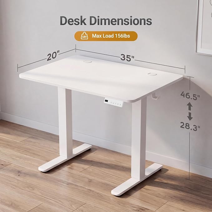 Claiks Electric Standing Desk, 35 x 20 Inch Small Height Adjustable Sit Stand Desk for Home Office, Computer Desk with Memory Presets, Cable Management & Headphone Hooks, 156 lbs Capacity, White