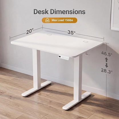 Claiks Electric Standing Desk, 35 x 20 Inch Small Height Adjustable Sit Stand Desk for Home Office, Computer Desk with Memory Presets, Cable Management & Headphone Hooks, 156 lbs Capacity, White