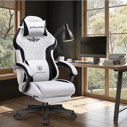 GTPLAYER Gaming Chair with Footrest, Big and Tall Game Chair High Back Computer Office Chair with Lumbar Support for Adults, Ergonomic Swivel Games Chair with Cushion Gaming, Fabric Grey