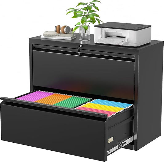 Superday Lateral File Cabinet, 2 Drawer File Cabinet with Lock, Black Filing Cabinets with Lock, Metal Filing Cabinets for Home Office/Legal/Letter/A4, Home Office Furniture for Hanging File