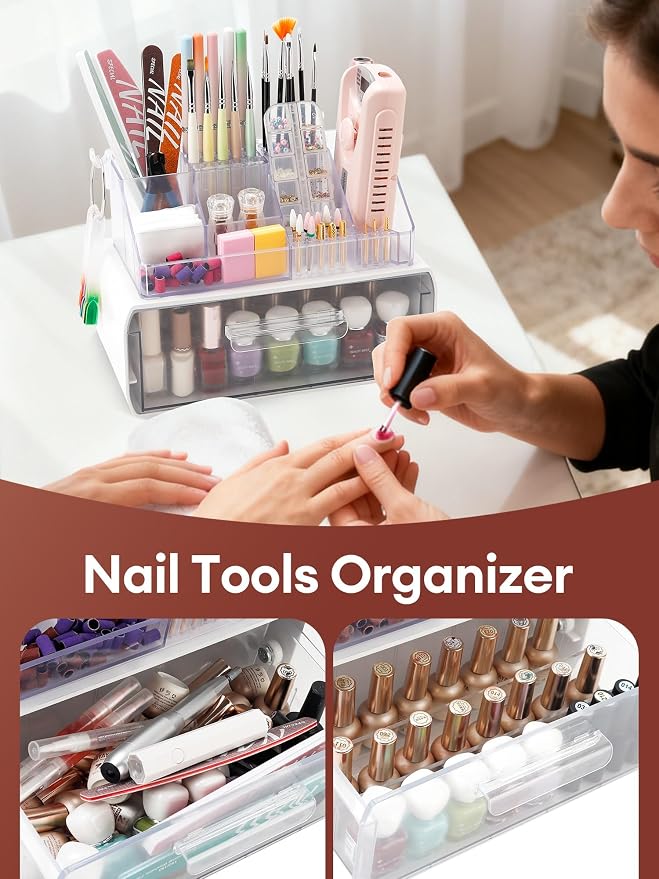 LIARTY Nail Drill Holder with Drawer - Makeup Organizer Case for Brush | Acrylic Nail Drill Bits Holder Beauty Cosmetic Storage Box for Dresser Countertop and Bathroom Vanity