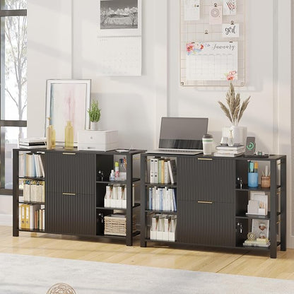 Filing Cabinet for Home Office, Fluted Wood File Cabinet with 2 Drawers Fit Letter/Legal/A4 Folders with Tabs, 43.3" W Printer Stand with Lock & 2 Power Outlets, 6 Storage Shelves (1, Black)