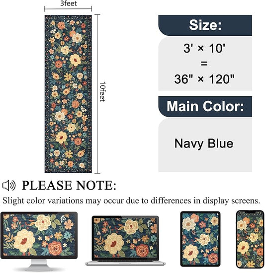 DUKINO 3x10 Runner Rug for Hallway, Washable Kitchen Floral Runner Rug with Non Slip Backing, Low Pile Soft Boho Carpet for Kitchen, Hallway, Entryway, Laundry, Bedroom, Navy Blue