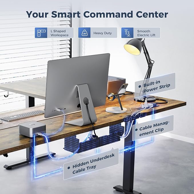 Klicelor L Shaped Standing Desk 63 x 55 Inch,Electric Height Adjustable Corner Desk with Cable Management & Power Outlets, Ergonomic Sit Stand Up Computer Table for Home Office,Rustic Brown