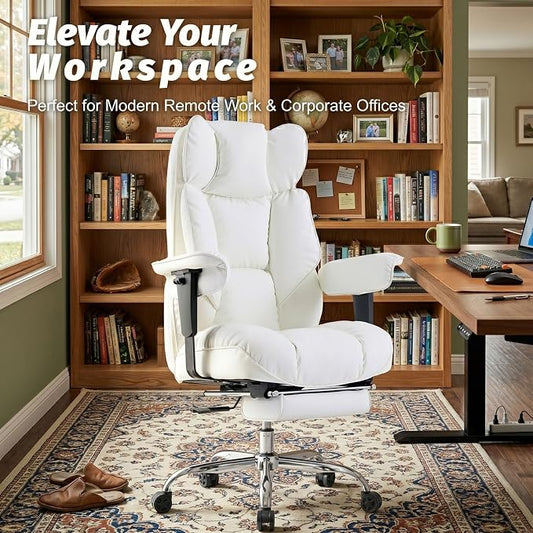 Efomao Executive Office Chair 400lbs,White Big and Tall Desk Chair | Mattress-grade pocket spring cushion, sleek leather, 135° recline & footrest for computer gaming setup.