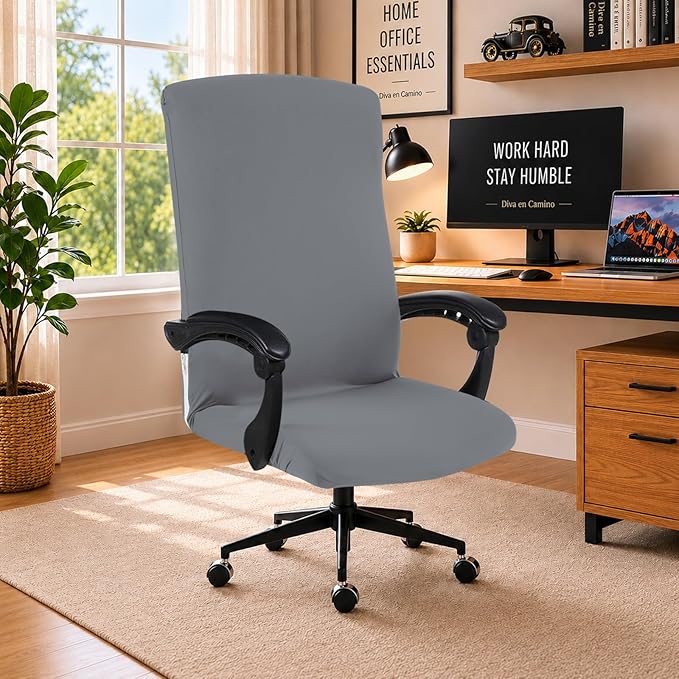 Elastic Computer Chair Cover with Durable Zipper - Protective Removable Washable Universal Office Desk Chair Seat Slip Cover - Stretchy Soft Anti-dust Desk Chair Seat Protector - Mid Gray