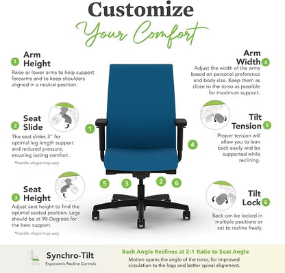 HON Ignition 2.0 Ergonomic Office Chair with Adjustable Arms, Advanced Synchro‑Tilt Recline, Upholstered Desk and Computer Chair for Home Office or Workstation, Black Frame, Peacock