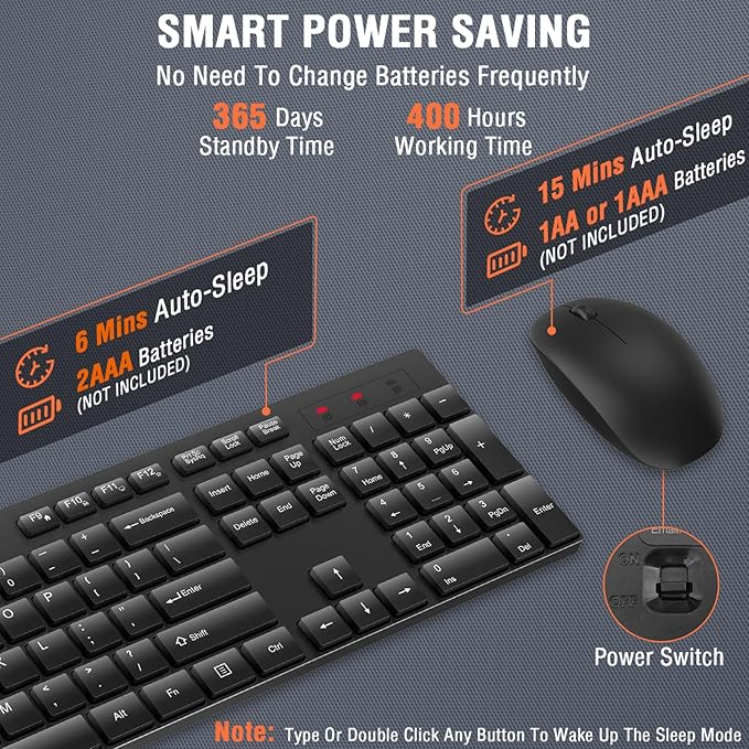 Wireless Keyboard and Mouse Combo, EDJO Silent Full Size Cordless USB Keyboard Mouse, 2.4GHz Lag-Free, Long Battery Life, for Computer, Laptop, PC, Chromebook, Windows (Black, 1 Pack)