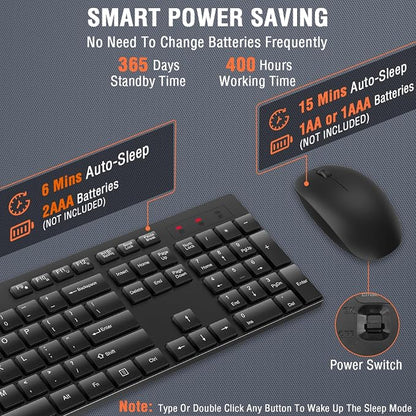 Wireless Keyboard and Mouse Combo, EDJO Silent Full Size Cordless USB Keyboard Mouse, 2.4GHz Lag-Free, Long Battery Life, for Computer, Laptop, PC, Chromebook, Windows (Black, 2 Pack)