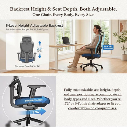 Ergonomic Office Chair with Breathable Mesh Back & Thick Cushion Seat, 4D Armrests, 3D Headrest, Adjustable Lumbar Support & Seat Depth, High Back Desk Chair with Tilt Lock (Blue)