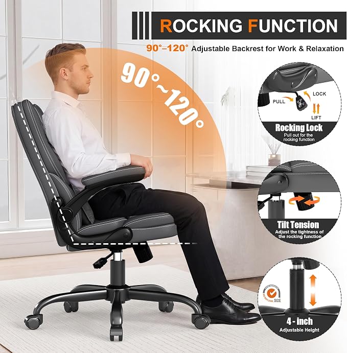 Ergonomic Office Chair with Flip-Up Armrests, Mid Back Executive PU Leather Desk Chair, Height Adjustable with Lumbar Support, Rocking & Swivel Computer Chair for Home Office