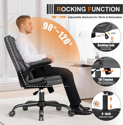 Ergonomic Office Chair with Flip-Up Armrests, Mid Back Executive PU Leather Desk Chair, Height Adjustable with Lumbar Support, Rocking & Swivel Computer Chair for Home Office