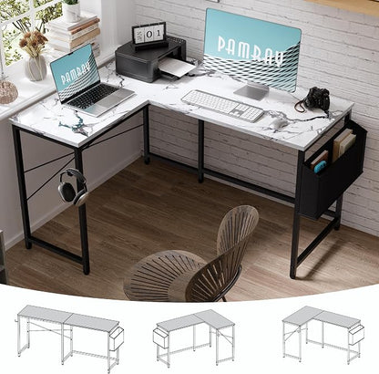 Pamray 47 Inch Reversible L Shaped Gaming Desk Corner Computer Desk with Storage Bag Home Office Table for Writing Study Marble