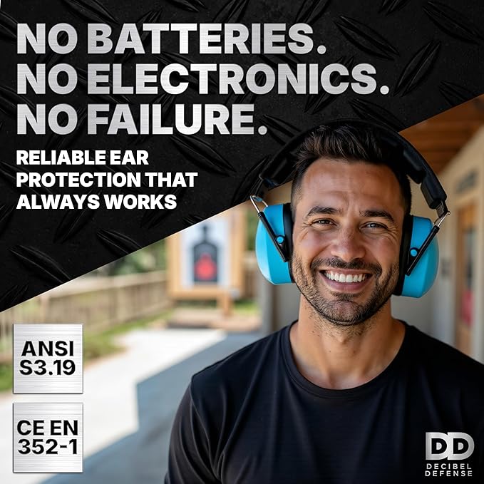 Professional Safety Ear Muffs by Decibel Defense - 37dB NRR - The HIGHEST Rated & MOST COMFORTABLE Ear Protection - Firearm & Industrial Use - THE BEST HEARING PROTECTION...GUARANTEED (BLUE)