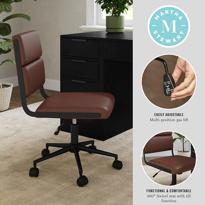Martha Stewart Lulu Swivel Task Chair with Height Adjustable Seat for Home Office in Saddle Brown Faux Leather with Oil Rubbed Bronze Frame