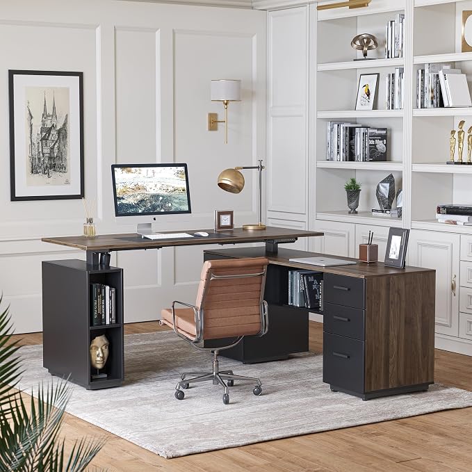 FEZIBO 63" L Shaped Standing Desk with Storage, Executive Height Adjustable Table, Deep Wood Grainy