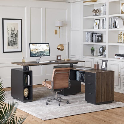 FEZIBO 63" L Shaped Standing Desk with Storage, Executive Height Adjustable Table, Deep Wood Grainy