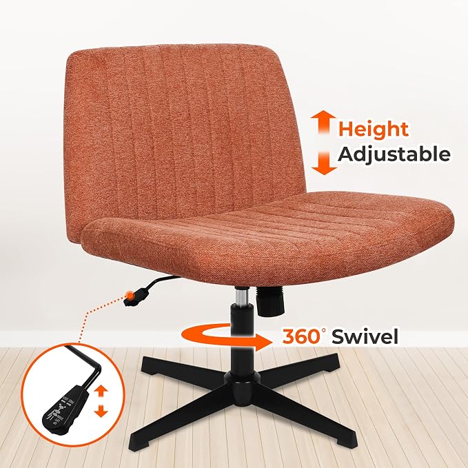 NEO CHAIR Criss Cross Chair No Wheel Vanity Desk Chair Wide Armless Cross Legged Office Comfy Makeup Adjustable Computer Task for Home Office Fabric (Brown)
