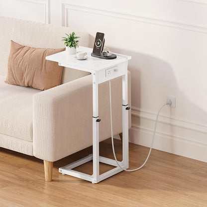 Vagusicc C Shaped End Table with Charging Station, C Table End Table Adjustable Height Sofa Table, Side Table for Couch, Couch Table that Slide Under, TV Tray Arm Table for Living Room,Bedroom, White