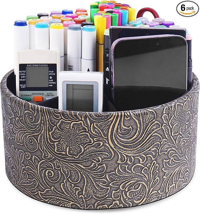 lizimandu Remote Control Holder, 360°Spinning PU Leather Desk TV Remote Caddy,Desk Storage Box Room Accessories for Controller, Media,Mail,Calculator, Mobile Phone,Pencil(1B-Carved Cooper Gold)