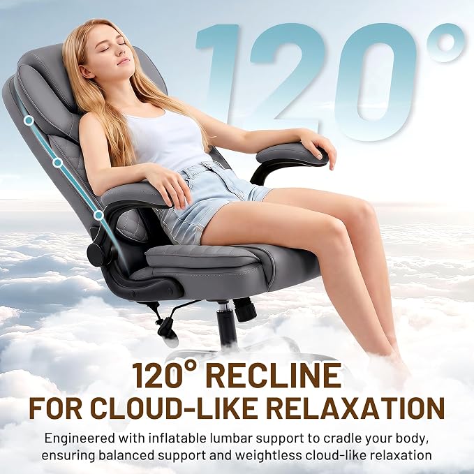 Ergonomic Office Chair, PU Leather High Back Executive Chair with Adjustable Inflatable Lumbar Support and Padded Flip-Up Arms, Recline Swivel Task Computer Chair for Home Office, Gray