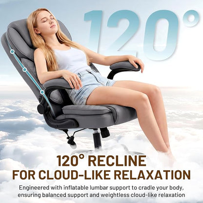 Ergonomic Office Chair, PU Leather High Back Executive Chair with Adjustable Inflatable Lumbar Support and Padded Flip-Up Arms, Recline Swivel Task Computer Chair for Home Office, Gray