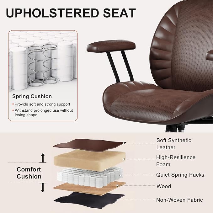 BFZ Home Office Desk Chair, Adjustable Comfy Office Chair with Wheels,Leather Office Chair with Removable Armrests, Office Desk Chair with Lumbar Support for Home Office or Workspace, Dark Brown