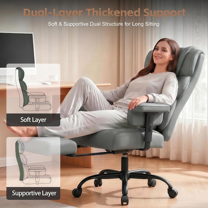 Vonesse Big and Tall Office Chair, Desk Chair with Soft Adjustable Armrests, Ergonomic High Back Gaming Chair with Lumbar Support, Executive Computer Chairs with Footrest (PU Leather, Gray)