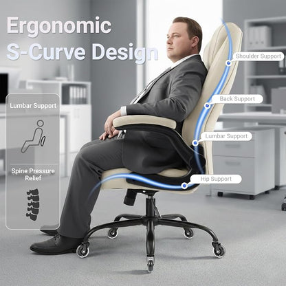 Big and Tall Office Chair for Heavy People, 400LBS High Back Extra Wide Executive PU Leather Office Chair with Flip-Up Armrests, Quiet Rubber Wheels, Comfortable Home Office Desk Chair (White)
