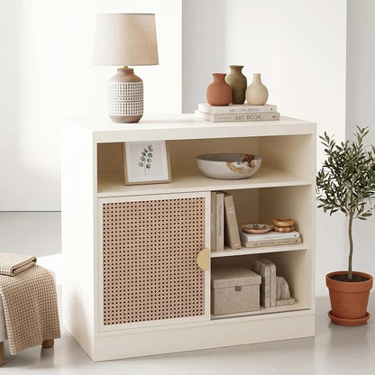 ModernMate Modern Wood Accent Cabinet with Sliding Door, Adjustable Open Shelves & Gold Handle Storage Cabinet for Home Office, 31W*20D*29H, White Rattan