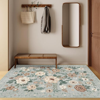 DUKINO 3x5 Area Rug, Floral Rugs for Living Room, Lightweight Non Slip Washable Rug, Indoor Low Pile & Non-Shedding Boho Design Rugs for Bedroom, Living Room, Dining Room, Sage Green