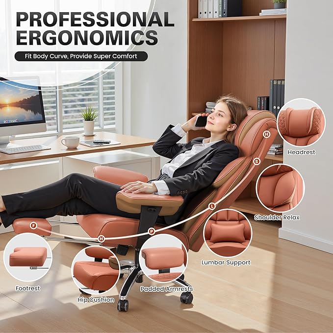 BestGlory Office Desk Chair, Big and Tall Leather Gaming Chair with Footrest, Wide Ergonomic Comfy Executive High-Back Reclining Computer Chairs, Swivel Rolling Wheels and Lumbar Support, Brown
