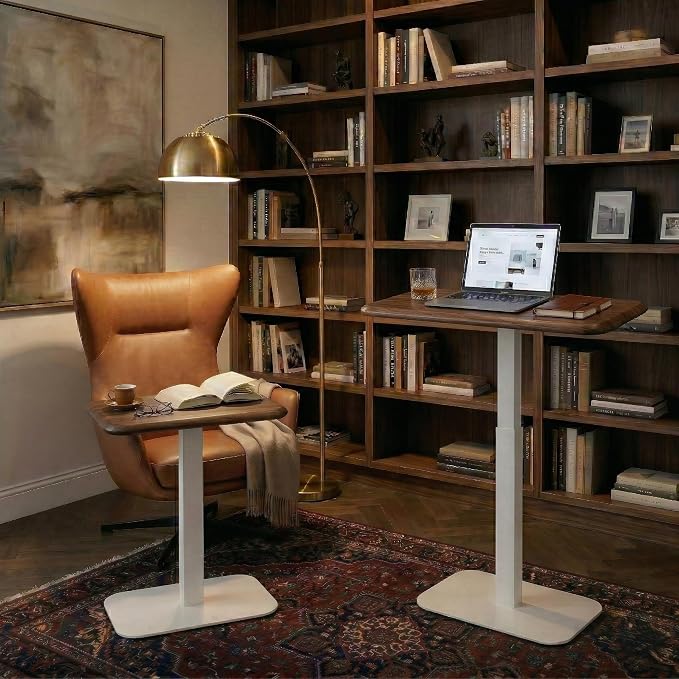 Elevance Height Adjustable Side Table, White Base, Walnut Top | Sofa Laptop Table for Couch & Bed | Small C-Shape End Table for Home or Office