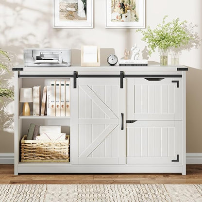 Halitaa 47.8” Farmhouse Lateral File Cabinet with Sliding Barn Door, 3 Drawers Filing Storage Cabinets with Adjustable Shelf, Office Printer Stand for Hanging Files Letter/Legal/A4/F4.Cream White