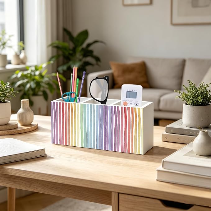 Boho Rainbow Striped Pen Pencil Holder Organizer for Office Classroom Desk Decor Accessories, Watercolor Colorful Rainbow Wood Signs Makeup Brush Toothbrush Holder for Bathroom Vanity