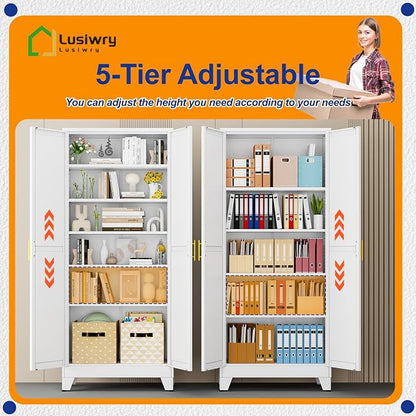 Metal Storage Cabinet with 2 Doors and 5 Adjustable Shelves - 74.8" Steel File Cabinet,Tool Cabinets for Office,Home,Garage,Gym,School (White)