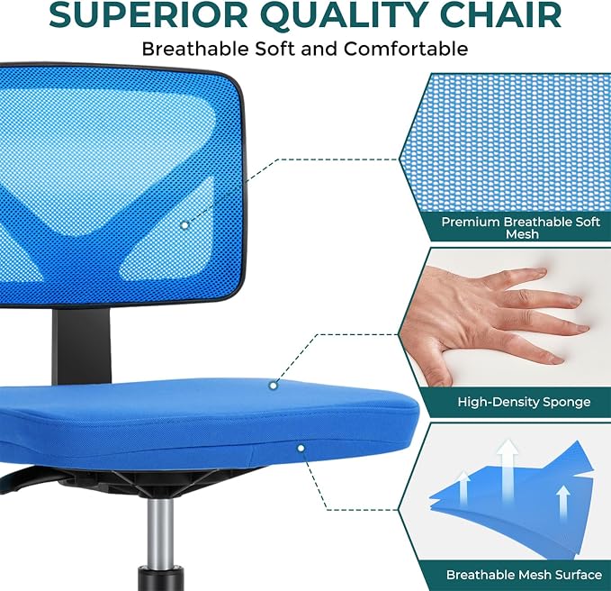 DUMOS Small Office Chairs with Wheels, Ergonomic Adjustable Home Desk Swivel Rolling Task Chair No Arms, Comfy Mesh Mid Back Computer Work Vanity Desk Chairs for Small Spaces, Blue