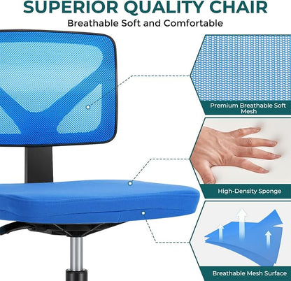 DUMOS Small Office Chairs with Wheels, Ergonomic Adjustable Home Desk Swivel Rolling Task Chair No Arms, Comfy Mesh Mid Back Computer Work Vanity Desk Chairs for Small Spaces, Blue