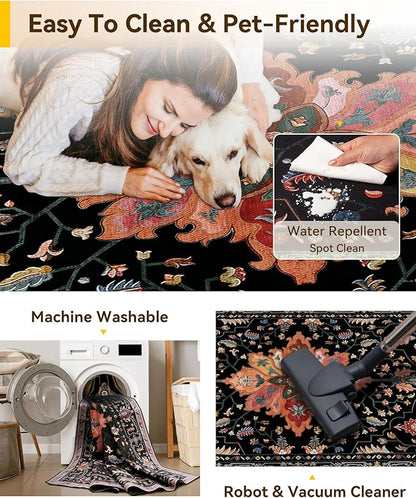 RELEANY Area Rugs Runner 2'6"x5' Washable Non-Slip, Floral Vintage Distress Medallion Carpet for Kitchen Hallway Bedroom Beside Laundry Room Bathroom, Black Colorful Floral Dark Tan