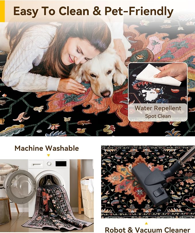 RELEANY Area Rugs 4'x6' Washable Non-Slip, Floral Vintage Distress Medallion Carpet for Living Room Bedroom Dining Room, Black Colorful Floral Dark Tan
