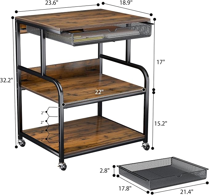 Large Printer Stand with Storage Shelf, 23.6''x18.9'' Rolling Printer Cart Holder with Lockable Wheels, 5-Adjustable Heights, 3D Scanner Fax Printer Table for Home Office Use, Large