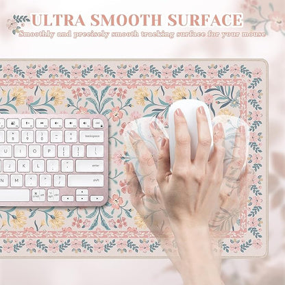 iCasso Pink Aesthetic Flower Mouse pad for Laptop, Desk Matt for Desktop 13.7"x23.6", Anti-Slip Mousepad with Stitched Edges for Laptop Computer Keyboard(Pink Floral)
