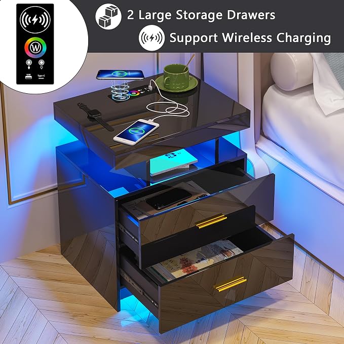 HNEBC Auto LED Nightstands Set of 2,Modern Bedside Table with USB Ports & Wireless Charging Station,High Gloss Bedside Tables with 2 Drawers,Nightstands for Bedrooms/Living Room/Office (Black)