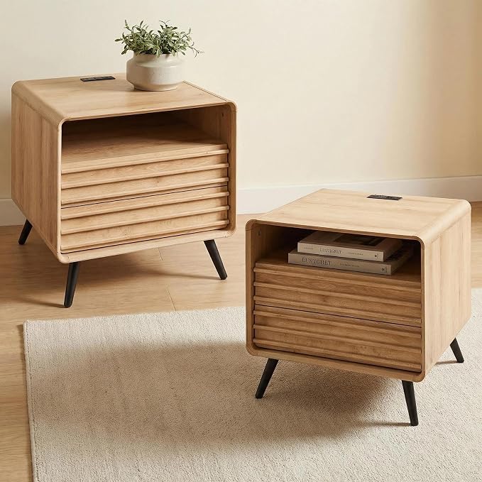 RedLemon 24" Nightstand Set of 2 with Charger Station, Mid Century Modern Fluted End Table with 2 Drawers, Wooden Side Table with Open Cubby Storage for Living Room, Bedroom, Office(Natural Oak)